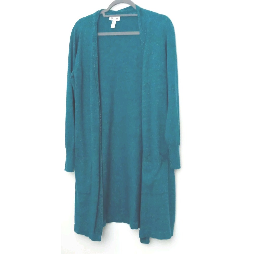 Denim &‎ Co Women's Size M Teal Green/Blue Open Cardigan Sweater Pockets Pre-own
